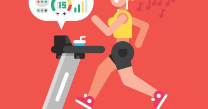 Girl listening to music while running on treadmill. Vector flat illustration.